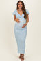 Light Blue Knit Twisted Bust Short Sleeve Maternity Midi Dress