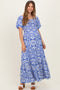 Royal Blue Printed Puff Sleeve Smocked Maternity Maxi Dress