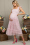 Light Pink Smocked Polka Dot Tulle Maternity Midi Dress
