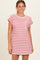 woman wearing a red and white striped short sleeve dress with a pocket on the chest