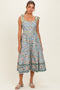 Dusty Blue Floral Shoulder Tie Button Down Midi Dress