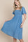 woman wearing a blue smocked midi dress with short puff sleeves and floral details.