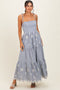 Navy Striped Embroidered Shoulder Tie Midi Dress