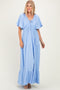 Light Blue Woven Textured Flutter Sleeve V-Neck Tiered Maxi Dress