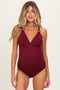 Dark Red Ribbed O-Ring Strap Cutout Back One Piece Maternity Swimsuit
