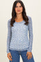 Blue Daisy Print Mesh Long Sleeve Sheer Top
