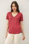 Wine Linen Blend V-Neck Short Sleeve T-Shirt