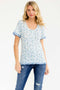 Blue Floral Ruffle Trim Henley Short Sleeve Top