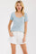 woman wearing a light blue and white striped short sleeve top with button details and white denim shorts