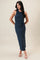 woman wearing a dark blue sleeveless maxi dress with a side tie detail and a fitted silhouette