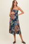 Navy Smocked Bodice Strapless Printed Maternity Midi Dress