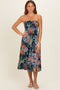 Navy Smocked Bodice Strapless Printed Midi Dress