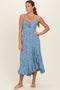 Cornflower V Neck Twist Front Cut Out Side Ruffle Slit Midi Dress