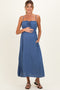 Denim Blue Solid Smocked Maternity Maxi Dress