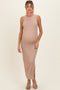Latte High Neck Side Slit Maternity Midi Dress