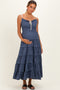 Denim Blue Smocked Waist Tiered Maternity Maxi Dress