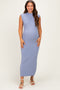 Blue Ribbed Knit Mock Neck Maternity Maxi Dress