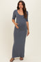 Slate Ruched Short Sleeve Side Slit Maternity Midi Dress