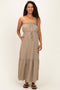 Taupe Strapless Cinched Waist Tie Maternity Maxi Dress