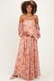 Peach Off Shoulder Long Sleeve Maternity Maxi Dress