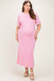 Pink Striped Scallop Trim Short Sleeve Maternity Plus Maxi Dress