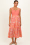 Coral Orange Colorblock Floral Tiered Maternity Midi Dress