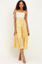 Yellow Striped Floral Shoulder Tie Midi Dress