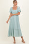 Sage Smocked Puff Sleeve Ruffle Trim Midi Dress