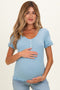 Light Blue Ruffle Trim Pointelle Knit Maternity Henley Top