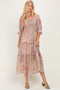 Taupe Floral Smocked Chiffon Tiered Maxi Dress
