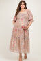 Taupe Floral Smocked Chiffon Tiered Maternity Plus Maxi Dress