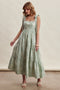 Sage Striped Shoulder Tie Tiered Maxi Dress