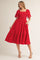 Red Smocked Embroidered Midi Dress