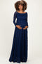 Navy Floral Lace Long Sleeve Off Shoulder Maternity Maxi Dress