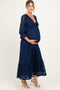 Navy Floral Lace 3/4 Ruffle Sleeve V-Neck Maternity Maxi Dress