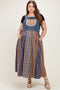 Washed Denim Mixed Plaid Maternity Plus Overall Dress