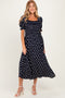Navy Polka Dot Smocked Maternity Midi Dress
