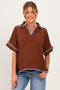 Brown Embroidered Detail Collared Boxy Maternity Top