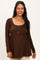 Brown Scoop Neck Button Front Long Sleeve Babydoll Maternity Top