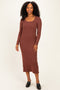 Brown Scoop Neck Long Sleeve Midi Dress