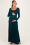Hunter Green Solid Long Sleeve Scoop Neck A-Line Maternity Maxi Dress