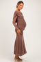 Mocha Mesh Draped Shoulder Long Sleeve Maternity Maxi Dress