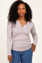 Beige Ribbed V-Neck Long Sleeve Top