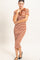woman wearing a rust and cream striped ribbed midi dress with a pointed collar and short sleeves