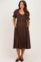 Brown Button Front Short Ruffle Sleeve Maternity Midi Dress