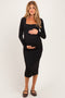 Black Fitted Long Sleeve Square Neck Maternity Midi Dress