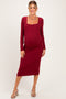 Burgundy Fitted Long Sleeve Square Neck Maternity Midi Dress