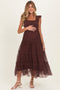 Brown Smocked Polka Dot Tulle Maternity Midi Dress