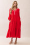Red V-Neck Contrast Trim Tiered Midi Dress