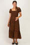 Brown Plaid Smocked Puff Sleeve Tiered Maternity Midi Dress